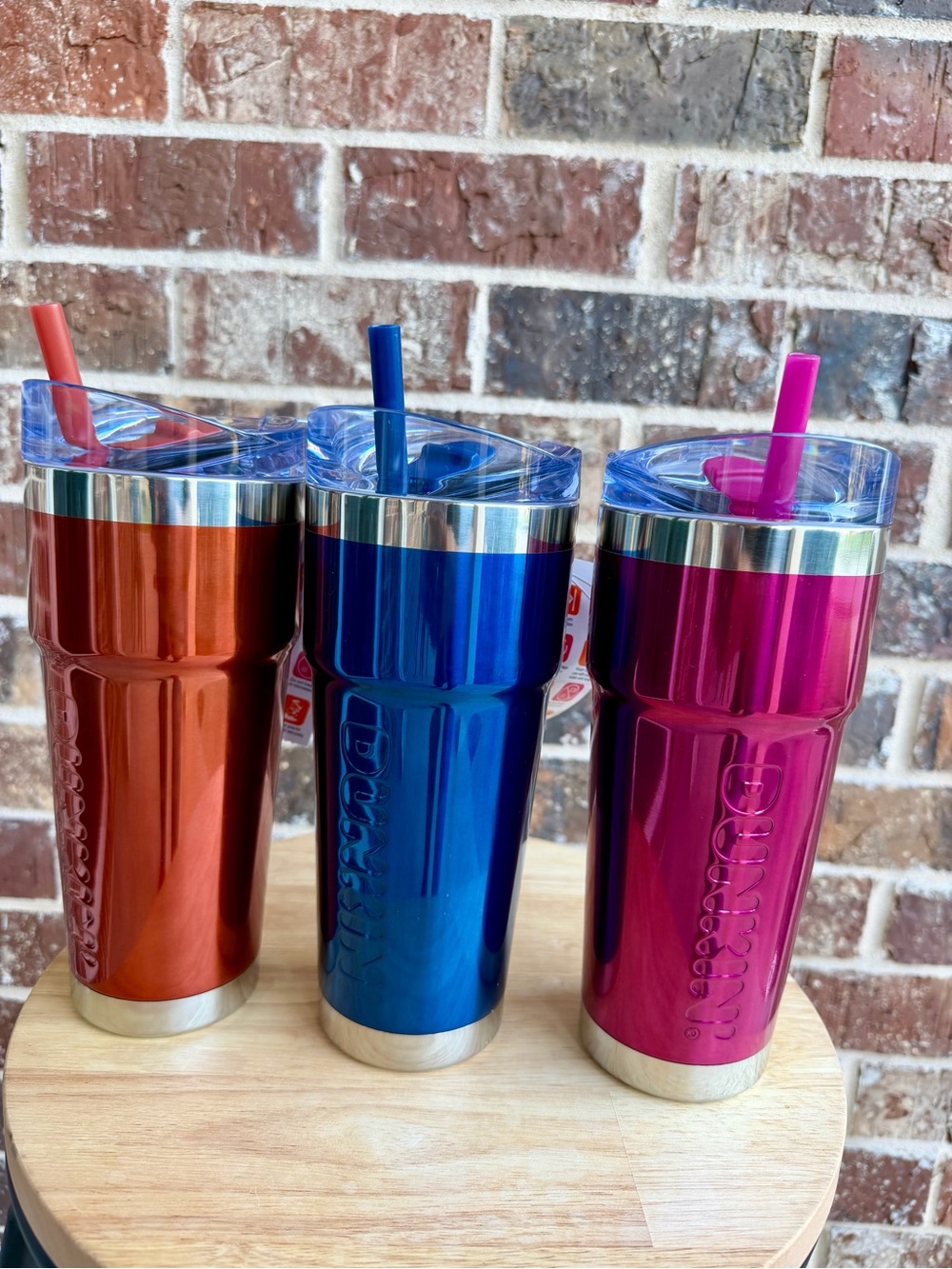 NWT Dunkin Insulated Stainless Steel Party Tumbler Set - Blue, Pink, Orange